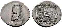 GRIECHISCHE MÜNZEN PARTHIA. Königreich der Arsakiden. Orodes I. (90-77). Drachme (4,04g), Rhagae. Büste des Königs mit Tiara, Diadem und Drapierung, auf der Tiara Stern / Arsakes mit Bogen auf Thron. 