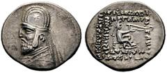 GRIECHISCHE MÜNZEN PARTHIA. Königreich der Arsakiden. Orodes I. (90-77). Drachme (3,98g), Rhagae. Büste des Königs mit Tiara, Diadem und Drapierung, auf der Tiara Stern / Arsakes mit Bogen auf Thron. 
