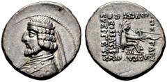 GRIECHISCHE MÜNZEN PARTHIA. Königreich der Arsakiden. Orodes I. (90-77). Drachme (4,14g), Rhagae. Büste des Königs mit Diadem und Drapierung / Arsakes mit Bogen auf Thron. Sellwood 30.16, Shore 133-13
