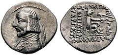 GRIECHISCHE MÜNZEN PARTHIA. Königreich der Arsakiden. Orodes I. (90-77). Drachme (3,68g), Rhagae. Büste des Königs mit Diadem und Drapierung / Arsakes mit Bogen auf Thron. Sellwood 30.16, Shore 133-13