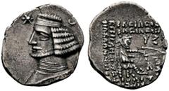 GRIECHISCHE MÜNZEN PARTHIA. Königreich der Arsakiden. Orodes II. (57-38). Drachme (3,47g), Laodikeia. Büste des Königs mit Diadem, davor Stern, dahinter Mondsichel / Arsakes mit Bogen auf Thron, über 