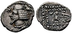 GRIECHISCHE MÜNZEN PARTHIA. Königreich der Arsakiden. Phraates IV. (38-2). Drachme (3,72g), Laodikeia. Büste des Königs mit Diadem und Drapierung, davor Stern, dahinter Adler mit Kranz / Arsakes mit B