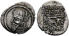 GRIECHISCHE MÜNZEN PARTHIA. Königreich der Arsakiden. Vologases VI. (208-228). Drachme (3,48g), Ekbatana. Büste des Königs mit Tiara und Diadem, im r. Feld aramäischer Buchstabe / Arsakes mit Bogen au