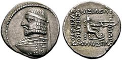 GRIECHISCHE MÜNZEN PARTHIA. Königreich der Arsakiden. Orodes I. (90-77). Drachme (4,15g), Ekbatana. Av.: Büste des Königs mit Tainia n.l. Rv.: Arsakes mit Bogen auf Thron n.r. Sellwood 30.14, Shore 13