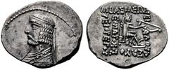 GRIECHISCHE MÜNZEN PARTHIA. Königreich der Arsakiden. Orodes I. (90-77). Drachme (4,03g), Rhagae. Av.: Büste des Königs mit Tainia n.l. Rv.: Arsakes mit Bogen auf Thron n.r. Sellwood 30.17, Shore 136.
