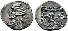 GRIECHISCHE MÜNZEN PARTHIA. Königreich der Arsakiden. Orodes II. (57-38). Drachme (3,97g), Kangavar. Av.: Büste des Königs mit Tainia n.l., dahinter Mondsichel. Rv.: Arsakes mit Bogen auf Thron n.r., 