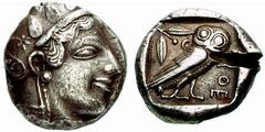 Makedonien, Griechenland ATTIKA - Athen Athen Tetradrachme (16,99 g), 479/393. Av.: behelmter Athenakopf rechts. Rv.: Eule sitzt rechts, links Olivenzweig und Mondsichel. SNG.Cop:31ff: Rv. Einhieb s.s