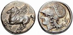 Makedonien, Griechenland KORINTHIA - Korinthos Korinthos Stater (8,56 g), vor 315. Av.: Pegasos fliegt links. Rv.: behelmter Kopf links, rechts Pflug. SNG.Cop:69f. s.sch./vzgl. Estimate: EUR 360