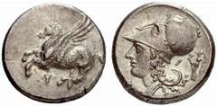 Makedonien, Griechenland KORINTHIA - Korinthos Korinthos Stater (8,39 g), 315/310. Av.: Pegasos fliegt links. Rv.: behelmter Kopf links, rechts Athena nikephoros steht links. SNG.Cop:96: Av. Stempelfe