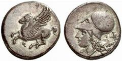Makedonien, Griechenland KORINTHIA - Korinthos Korinthos Stater (8,35 g), 315/310. Av.: Pegasos fliegt links. Rv.: behelmter Kopf links, rechts Artemis mit Fackel links. SNG.Cop:98. s.sch.+ Estimate: 