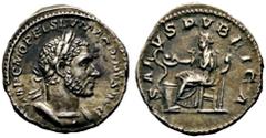 RÖMISCHE KAISERZEIT (D) Macrinus (217-218). Denarius (3,72g), Roma, 1. Emission, Anfang/Mitte Mai-Ende Juli 217 n. Chr. Büste mit Lorbeerkranz und Kürass / Salus mit Szepter auf Thron, davor Altar mit