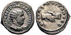 RÖMISCHE KAISERZEIT Balbinus (238). AR-Antoninianus (4,70 g), Roma, Januar/Februar-Mai 238 n. Chr. Av.: IMP CAES D CAEL BALBINVS AVG, Büste mit Strahlenkrone, Drapierung und Kürass n.r. Rv.: PIETAS MV