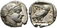 Ancient Coins: Greek ATTIKA - Athen Tetradrachme (17,11 g), Gruppe "after 449 B.C.", nach 449 v. Chr. Av.: Kopf der Athena mit attischem Helm und Lorbeerkranz n.r. Rv.: AΘE, Eule n.r., Kopf v.v., dahi