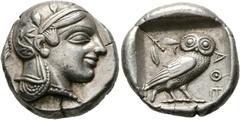 Ancient Coins: Greek ATTIKA - Athen Tetradrachme (17,18 g), Gruppe "after 449 B.C.", nach 449 v. Chr. Av.: Kopf der Athena mit attischem Helm und Lorbeerkranz n.r. Rv.: AΘE, Eule n.r., Kopf v.v., dahi