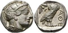 Ancient Coins: Greek ATTIKA - Athen Tetradrachme (17,21 g), ca. 449-404 v. Chr. Av.: Kopf der Athena mit attischem Helm und Lorbeerkranz n.r. Rv.: AΘE, Eule n.r., Kopf v.v., dahinter Olivenzweig und M