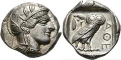 Ancient Coins: Greek ATTIKA - Athen Tetradrachme (17,19 g), ca. 449-404 v. Chr. Av.: Kopf der Athena mit attischem Helm und Lorbeerkranz n.r. Rv.: AΘE, Eule n.r., Kopf v.v., dahinter Olivenzweig und M