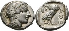 Ancient Coins: Greek ATTIKA - Athen Tetradrachme (17,20 g), ca. 449-404 v. Chr. Av.: Kopf der Athena mit attischem Helm und Lorbeerkranz n.r. Rv.: AΘE, Eule n.r., Kopf v.v., dahinter Olivenzweig und M