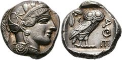 Ancient Coins: Greek ATTIKA - Athen Tetradrachme (17,22 g), ca. 449-404 v. Chr. Av.: Kopf der Athena mit attischem Helm und Lorbeerkranz n.r. Rv.: AΘE, Eule n.r., Kopf v.v., dahinter Olivenzweig und M