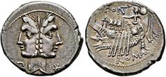 Ancient Coins: Roman RÖMISCHE REPUBLIK - C. Fonteius Denarius (3,92 g), Roma, 114/113 v. Chr. Av.: Doppelkopf der Dioskuren mit Lorbeerkranz, im l. Feld Kontrollmarke, im r. Feld Wertzeichen. Rv.: C F