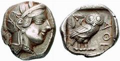 Griechische Münezne Thrakien - Karien ATTIKA - Athen Athen Tetradrachme (16,95 g), 479/393. Av.: behelmter Kopf rechts. Rv.: Eule steht rechts, links oben Zweig u. Mondsichel. SNG Cop:31ff: Av. Riss b