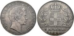 EUROPA UND ÜBERSEE (D) GRIECHENLAND. Otto I. 1832-1862. 5 Drachmen 1844 Athen Dav. 115; Divo 10d winz. Randschlag, RV kl. Kratzer, schöne Patina R s.sch.