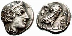 Griechen ATTIKA - Athen Athen Tetradrachme (17,09 g), ca. 449/404 BC. Av.: Kopf der Athena rechts. Rv.: Eule, links oben Olivenzweig und Halbmond. Attraktive Tönung!. SNG Cop:31ff Rv. kl.Druckstelle i