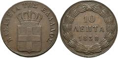 EUROPA UND ÜBERSEE GRIECHENLAND. Otto I. 1832-1862. (D) 10 Lepta 1838 Athen Divo:18d, KM:17; kl. Randschlag f.vzgl./vzgl.