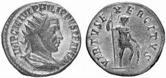 Römisches Kaiserreich: Philippus Arabs bis Philippus II. Philippus I. Arabs-244-249 Antoninian (4,86 g), Antiochia 244 AD. Av.: IMP C M IVL PHILIPPVS PF AVG PM, Portrait n.r. Rv.: VIRTVS EXERCITVS, Vi