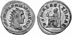 Römisches Kaiserreich: Philippus Arabs bis Philippus II. Philippus I. Arabs-244-249 Antoninian (4,22 g), Rom 244-247 AD. Av.: IMP M IVL PHILIPPVS AVG, Portrait n.r. Rv.: ROMAE AETERNAE, Roma mit Victo
