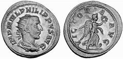 Römisches Kaiserreich: Philippus Arabs bis Philippus II. Philippus I. Arabs-244-249 Antoninian (4,07 g), Rom 244-247 AD. Av.: IMP M IVL PHILIPPVS AVG, Portrait n.r. Rv.: VICTORIA AVG, Victoria mit Pal