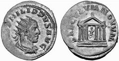 Römisches Kaiserreich: Philippus Arabs bis Philippus II. Philippus I. Arabs-244-249 Antoninian (3,32 g), Rom 248 AD. Av.: IMP PHILIPPVS AVG, Portrait n.r. Rv.: SAECVLVM NOVVM, Tempel der Roma mit sech
