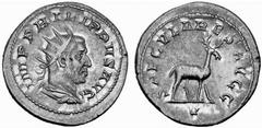 Römisches Kaiserreich: Philippus Arabs bis Philippus II. Philippus I. Arabs-244-249 Antoninian (5,19 g), Rom 248 AD. Av.: IMP PHILIPPVS AVG, Portrait n.r. Rv.: SAECVLARES AVGG / V (in ex.), Hirsch n.r