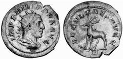 Römisches Kaiserreich: Philippus Arabs bis Philippus II. Philippus I. Arabs-244-249 Antoninian (3,71 g), Rom 248 AD. Av.: IMP PHILIPPVS AVG, Portrait n.r. Rv.: SAECVLARES AVGG / V (in ex.), Hirsch n.l