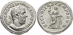 RÖMISCHE KAISERZEIT Macrinus (217-218 n. Chr.) (D) Denarius (3,23 g), Roma, 2. Emission, September 217-Februar 218 n. Chr. Av.: IMP C M OPEL SEV MACRINVS AVG, Büste mit Lorbeerkranz und Kürass n.r. Rv