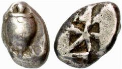 Griechen: Thessalien bis Indien AIGINA Aigina Stater (11,78 g), ca. 520-450 BC. Av.: Seeschildkröte mit dicken Punkten auf Rückenpanzer. Rv.: Fünfgeteiltes Quadratum Incusum. SNG Cop 501-503, McClean 