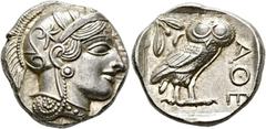GRIECHISCHE MÜNZEN ATTIKA. Athen. (D) Tetradrachme (17,20 g), ca. 430-420 v. Chr. Av.: Kopf der Athena mit attischem Helm und Lorbeerkranz n.r. Rv.: AΘE, Eule n.r., Kopf v.v., dahinter Olivenzweig und