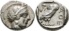 GRIECHISCHE MÜNZEN ATTIKA. Athen. (D) Tetradrachme (17,17 g), ca. 430-420 v. Chr. Av.: Kopf der Athena mit attischem Helm und Lorbeerkranz n.r. Rv.: AΘE, Eule n.r., Kopf v.v., dahinter Olivenzweig und