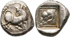 GRIECHEN LYCIA. Lykische Dynasten. Unbekannter Dynast. (D) Stater (9,45 g), ca. 480-460 v. Chr. Av.: Springender Stier n.r., Kopf n.l. Rv.: Widderkopf n.l. im Perlquadrat und Quadratum incusum. Müsele