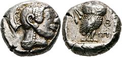GRIECHISCHE MÜNZEN ATTIKA. Athen. Tetradrachme (17,48 g), Gruppe "Pre-Persian", ca. 485/480 v. Chr. Av.: Kopf der Athena mit attischem Helm n.r. Rv.: AΘE, Eule n.r., Kopf v.v., dahinter Olivenzweig. S