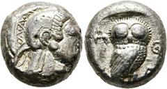 GRIECHISCHE MÜNZEN ATTIKA. Athen. Tetradrachme (17,43 g), Gruppe "Pre-Persian", ca. 485-480 v. Chr. Kopf der Athena mit attischem Helm / Eule, dahinter Olivenzweig. Starr Tf. I, C/E, HGC 4, 1591 (R2).