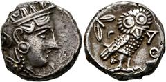 GRIECHISCHE MÜNZEN ATTIKA. Athen. Tetradrachme (17,05 g), ca. 353-294 v. Chr. Kopf der Athena mit attischem Helm und Lorbeerkranz / Eule, dahinter Olivenzweig und Mondsichel. SNG Cop 63/65, HGC 4, 159
