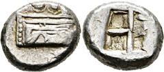 GRIECHISCHE MÜNZEN LYCIA. Phaselis. Stater (10,88 g), ca. 500-480 v. Chr. Prora in Form einer Eberprotome / Quadratisches Incusum. Asyut 732-735, SNG von Aulock 4390-4391. Kleine Kratzer im Av. s.sch.