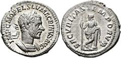RÖMISCHE KAISERZEIT Macrinus (217-218 n. Chr.). Denarius (3,11 g), Roma, 1. Emission, Anfang/Mitte Mai-Ende Juli 217 n. Chr. Büste mit Lorbeerkranz und Kürass / Securitas mit Szepter an Halbsäule gele