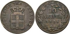 GRIECHENLAND Otto I. 1832-1862. 10 Lepta 1851, Athen Divo 20d; Karamitsos 85; kl. Randfehler, leichte Kratzer sch. (D).