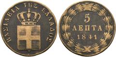 GRIECHENLAND Otto I. 1832-1862. 5 Lepta 1841, Athen Divo 21h; Karamitsos 62; Randfehler f.s.sch. (D).