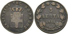 GRIECHENLAND Otto I. 1832-1862. 5 Lepta 1851, Athen Divo 24a; Karamitsos 70; Feilspuren am Rand sch. (D).