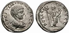 Roman Imperial Coinage Geta, AD 209-211 Denarius (3.89g), contemporary eastern imitation (or Emesa mint?), prototype AD 198-200. Av.: L SCPTIMIVS GCTA CA (sic), draped bust r. Rv.: PELICI-TAS AVGG (si