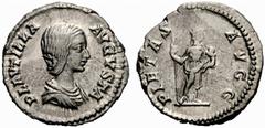 Roman Imperial Coinage Plautilla, AD 202-211 Denarius (3.16g), Roma AD 202-205. Av.: PLAVTILLA - AVGVSTA, draped bust r. Rv.: PIETAS - AVGG, Pietas with sceptre and child on arm r. -- Some weakness on