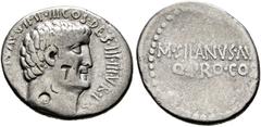 RÖMISCHE REPUBLIK IMPERATORISCHE ZEIT. M. Antonius. Denarius (3,40 g), mit M. Iunius Silanus (Quaestor pro consule), Heeresmünzstätte bei Athen (?), Sommer 32 v. Chr. Kopf / Legende in zwei Zeilen. Cr
