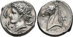 GRIECHISCHE MÜNZEN SICILIA. Siculo-Punische Prägungen. Tetradrachme (17,17 g), unbekannte Münzstätte auf Sizilien, ca. 320/315-300 v. Chr. Av.: Kopf der Arethusa-Tanit mit Schilfkranz und umgeben von 